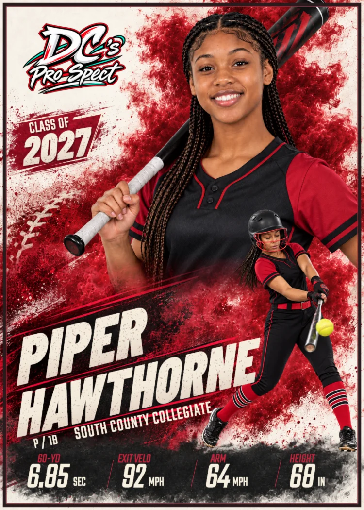 Sample player card for Piper Hawthorne, a fictional softball player
